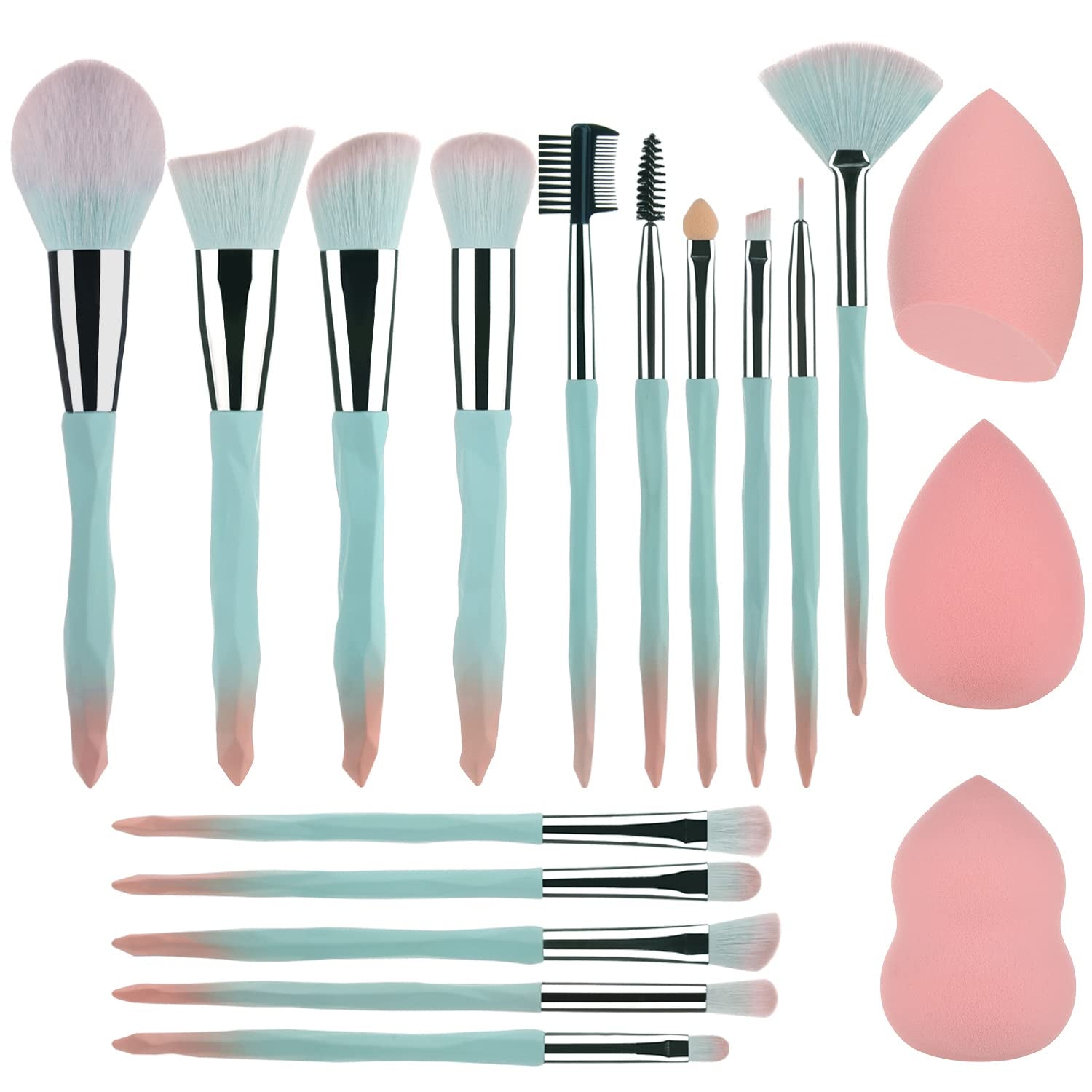 Pink Blue Gradient Makeup Brushes and Makeup Sponges Set Makeup Brushes Set Natural Synthetic Eye Shadow Foundation Make-Up Brush Set Professional Makeup Brush and Tool Accessories………